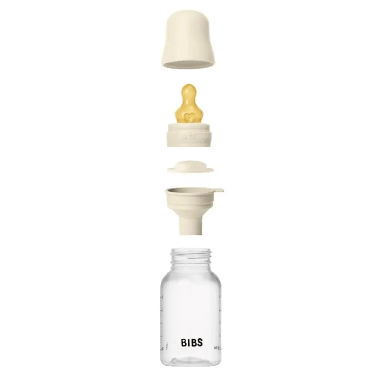 BIBS Babyfles 150 ML Ivory met Latex speen en opvouwbaar trechtertje