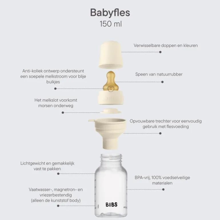 BIBS Babyfles 150 ML Ivory met Latex speen en opvouwbaar trechtertje