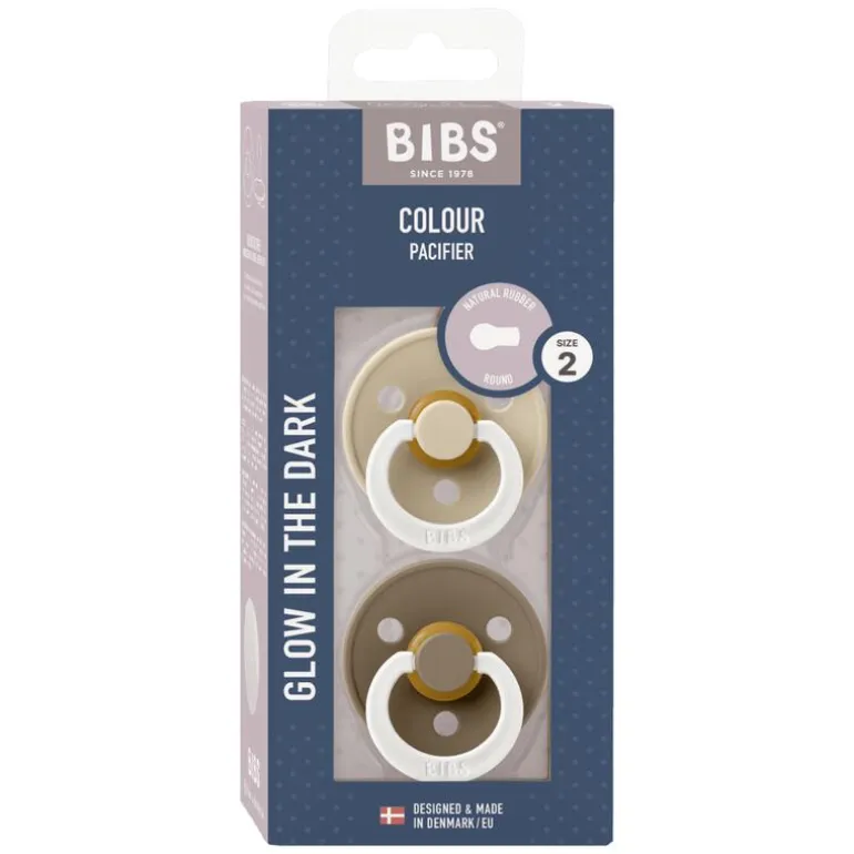 BIBS Glow in the dark Fopspeen Two Pack Natuurlijk Rubber Vanilla/Dark Oak Maat 2