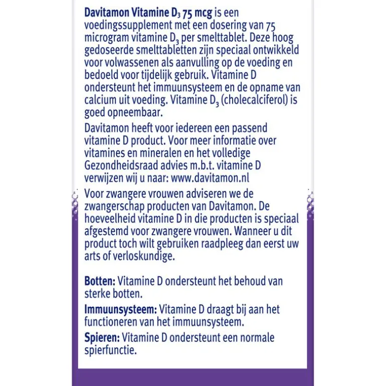 Davitamon Vitamine D3 75 mcg Smelttabletten 60+15 stuks
