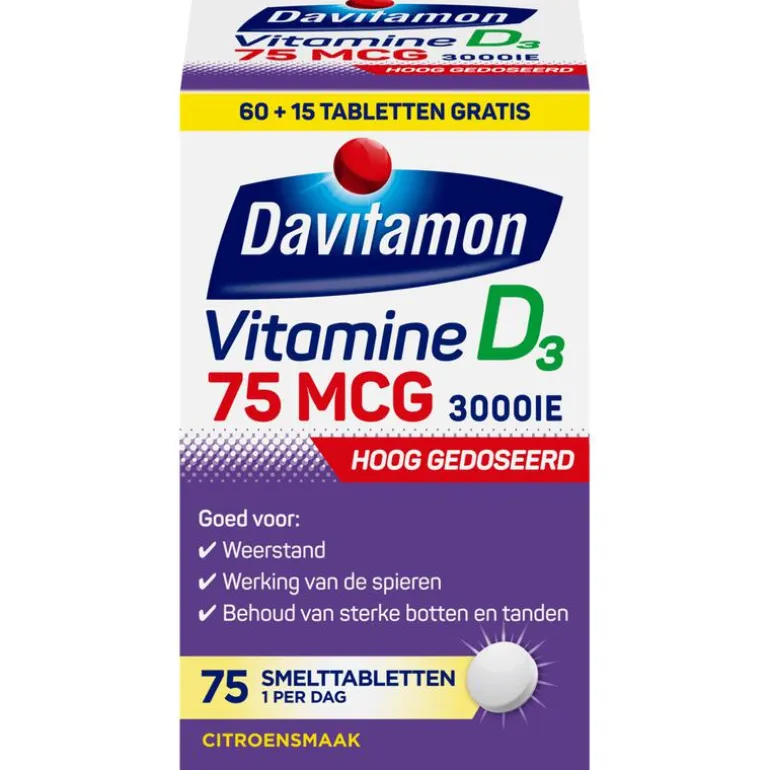 Davitamon Vitamine D3 75 mcg Smelttabletten 60+15 stuks