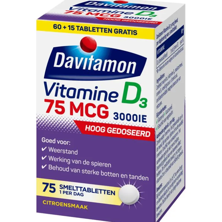 Davitamon Vitamine D3 75 mcg Smelttabletten 60+15 stuks