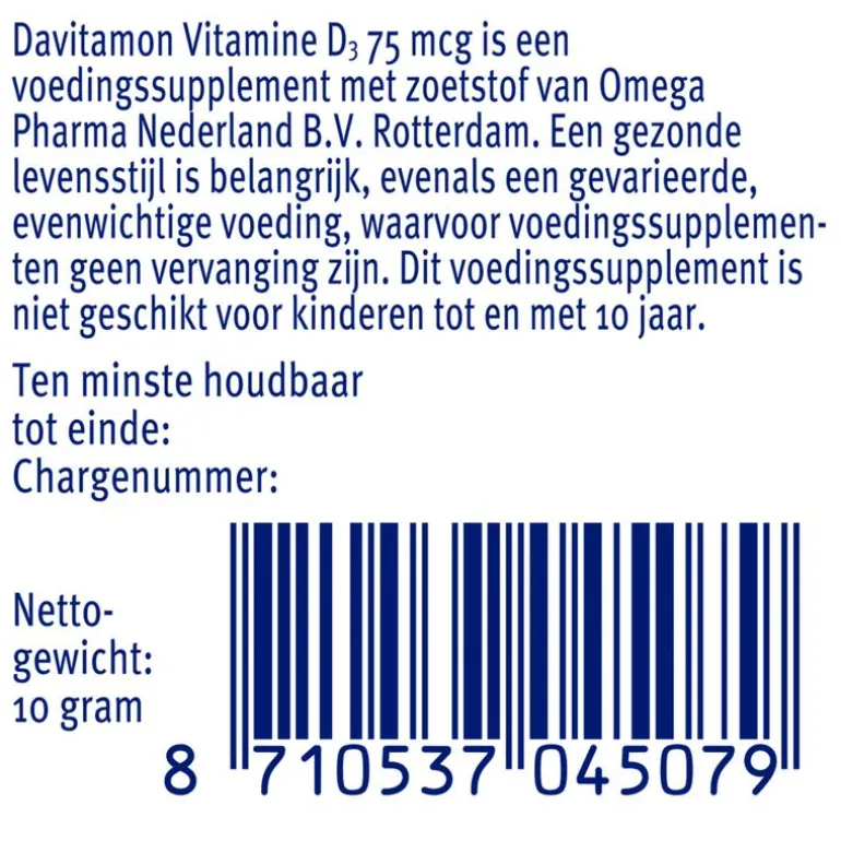 Davitamon Vitamine D3 75 mcg Smelttabletten 60+15 stuks