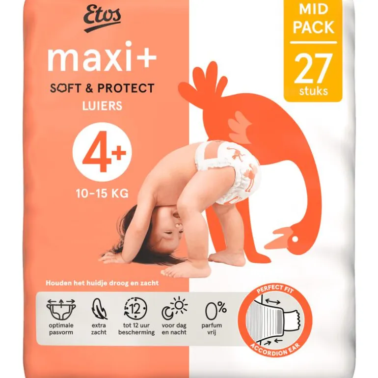 Etos Luiers Maxi+ Maat 4+ 10-15 kg Mid Pack 27 stuks