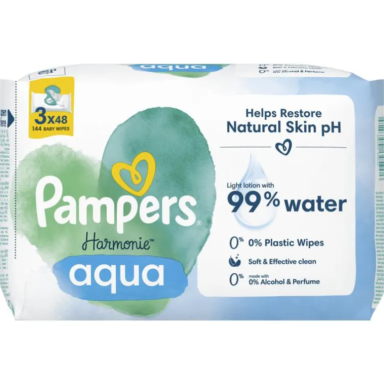 Pampers Harmonie Aqua Billendoekjes 0% Plastic 3x48 Stuks