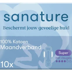 Sanature 100% Katoenen Maandverband Ultra Super Met Vleugels 10 stuks